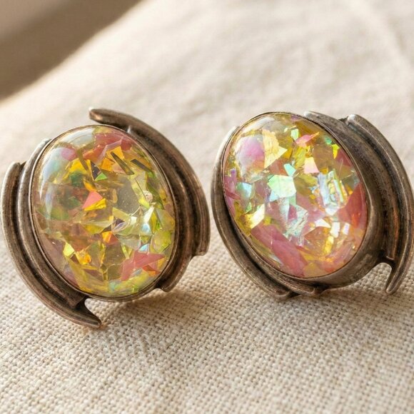 Vintage Taxco TV-41 Sterling Silver Faux Fire Opal Confetti Glass Stud Earrings - Picture 1 of 6